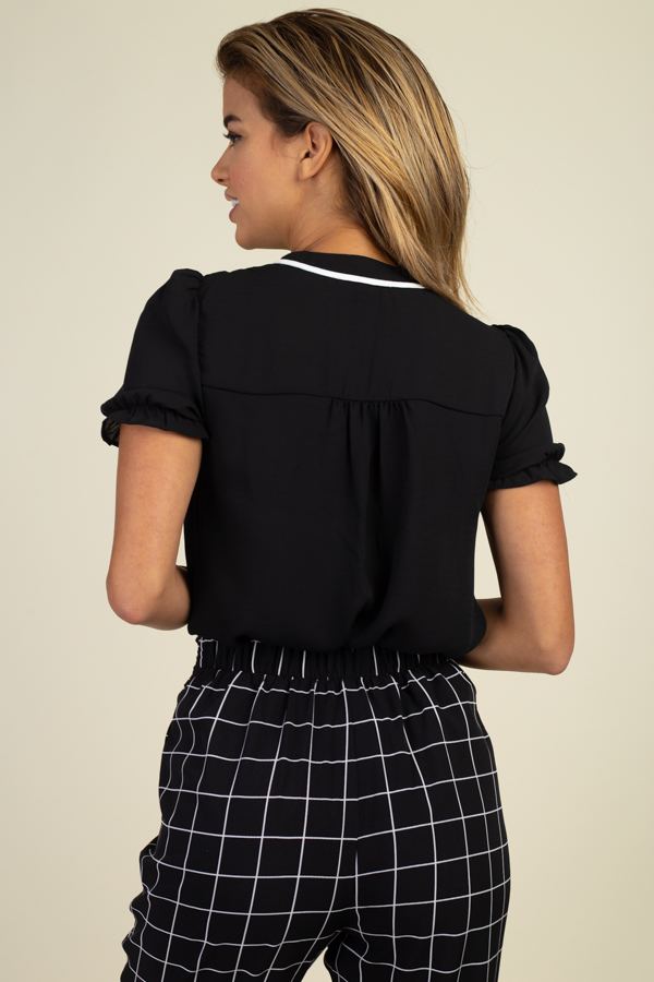 Pussycat Bow Ruffle Trim Top