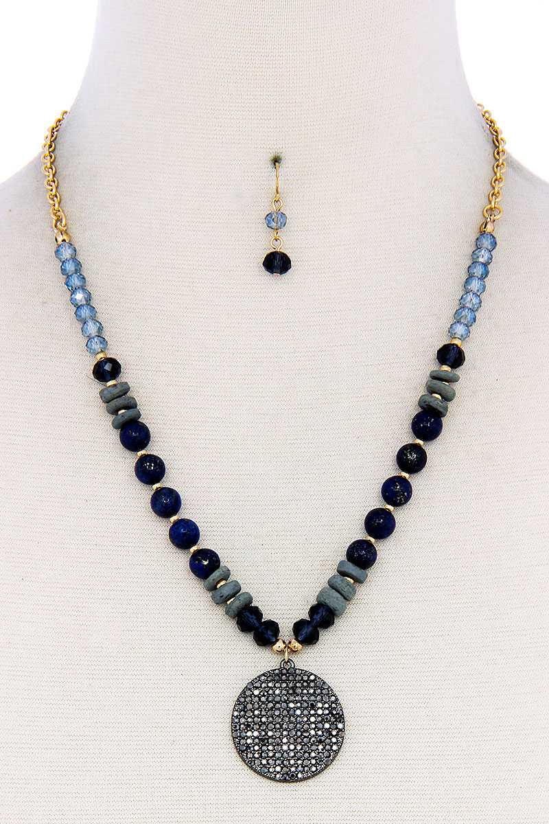 Beaded And Circle Pendant Necklace And Earring Set