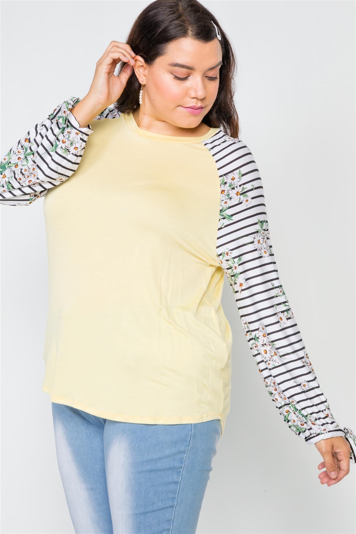 Plus Size Yellow Floral Stripe Contrast Sleeve Top