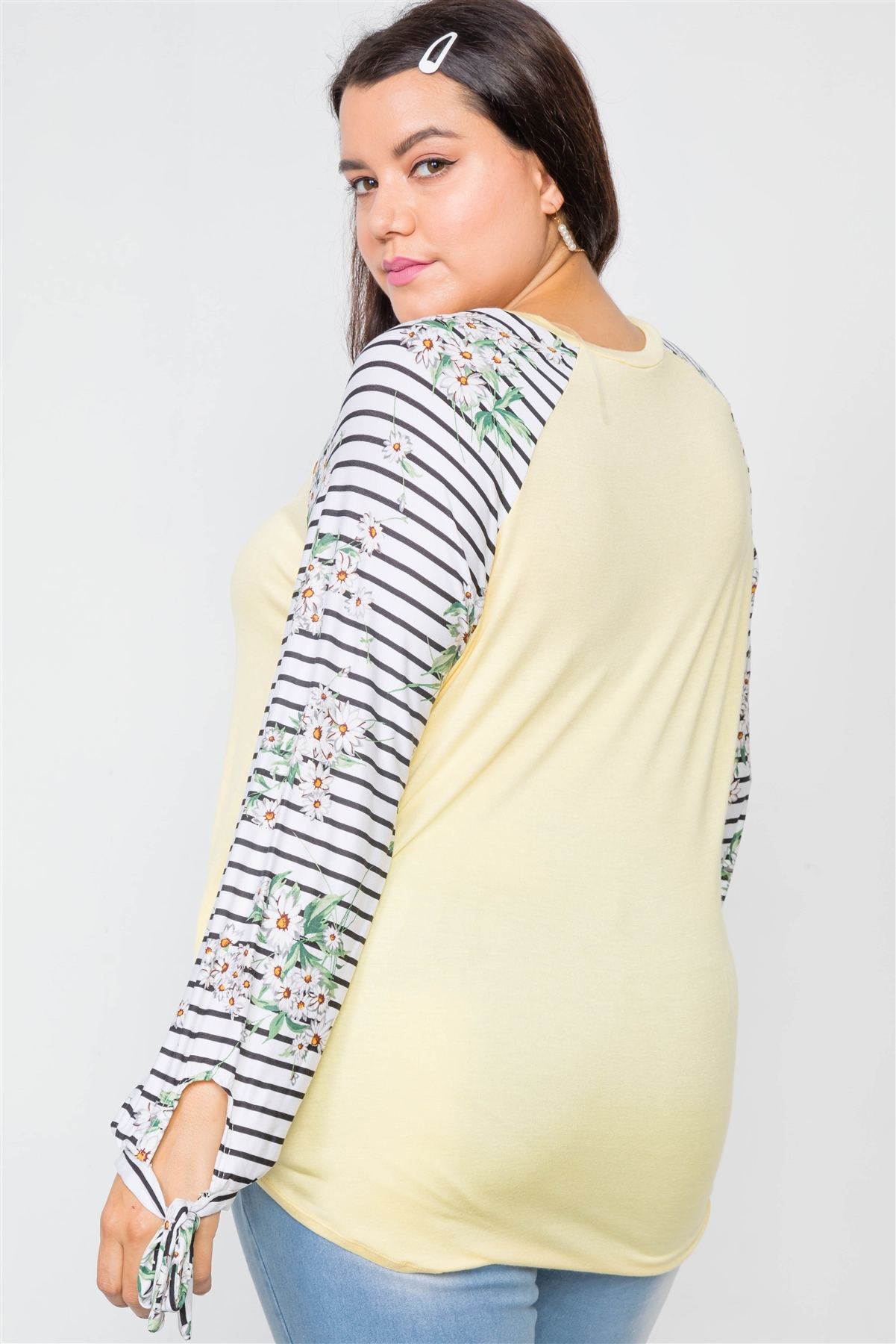 Plus Size Yellow Floral Stripe Contrast Sleeve Top