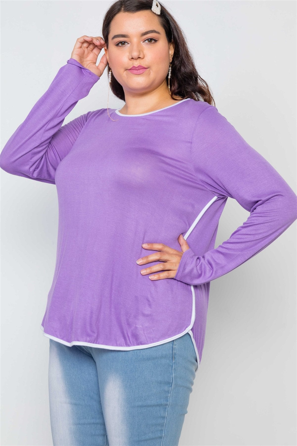 Plus Size Knit Long Sleeve Contrast Trim Top
