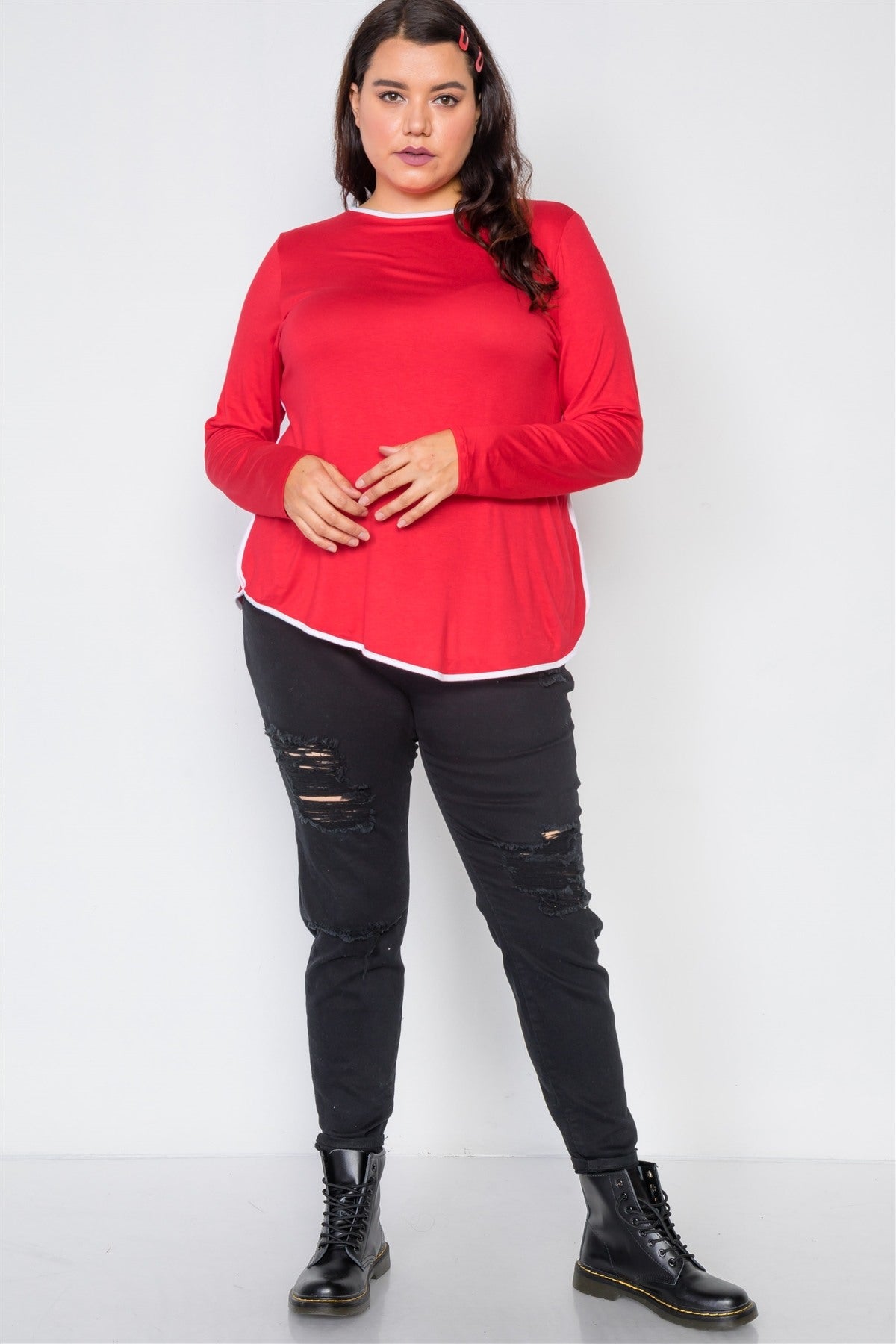 Plus Size Knit Long Sleeve Contrast Trim Top