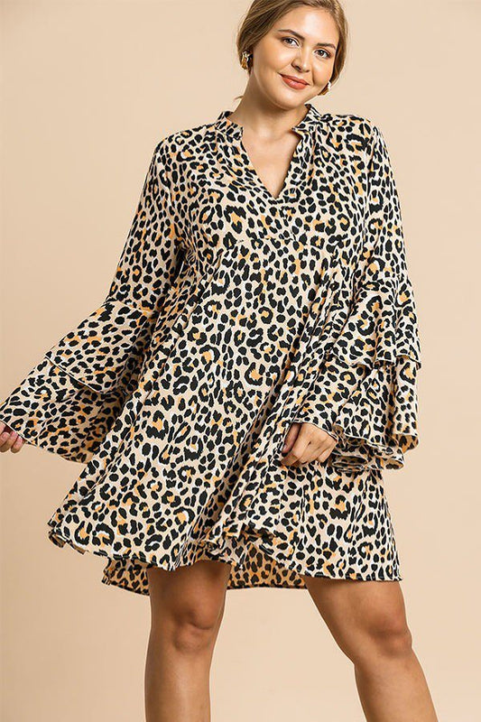 Animal Print Oversize Bell Sleeve V-neck Dress