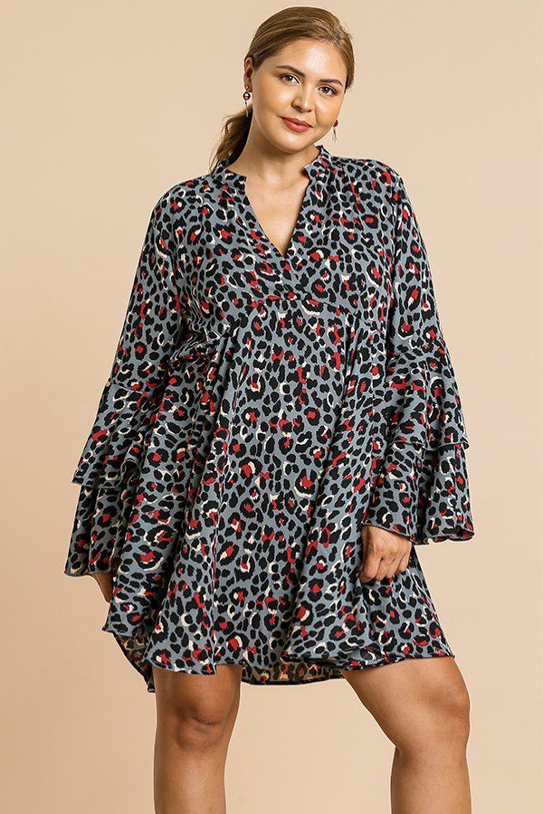 Animal Print Oversize Bell Sleeve V-neck Dress