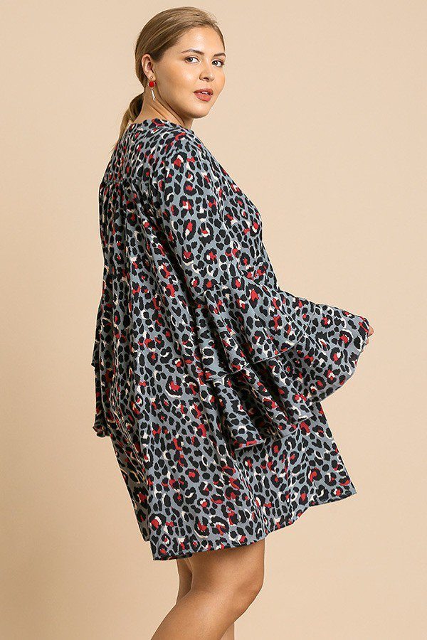 Animal Print Oversize Bell Sleeve V-neck Dress