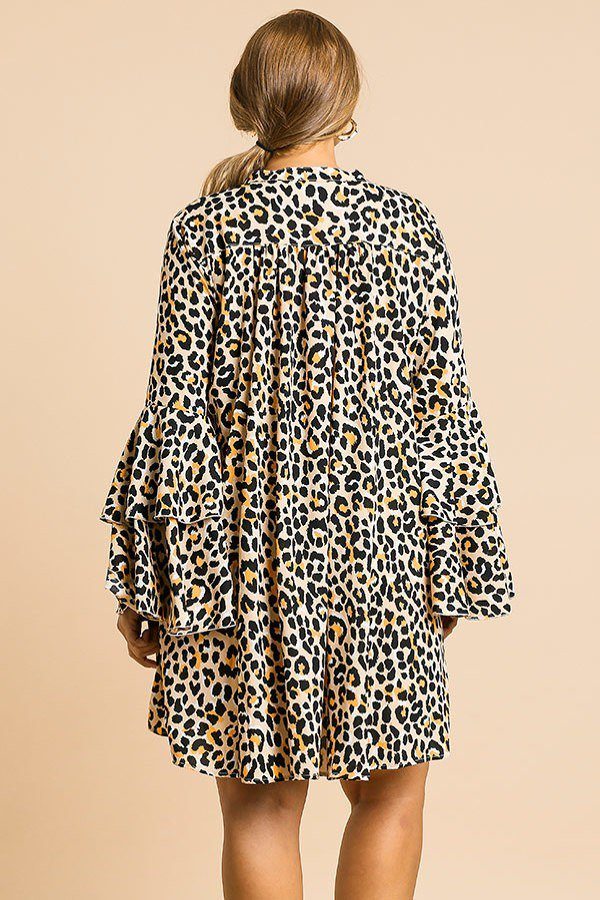 Animal Print Oversize Bell Sleeve V-neck Dress