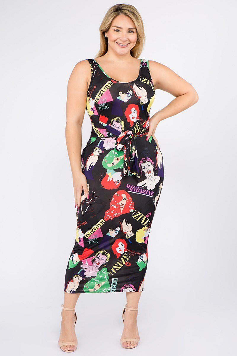 Plus Size Multi Color Sleeveless Midi Dress With Waist Tie