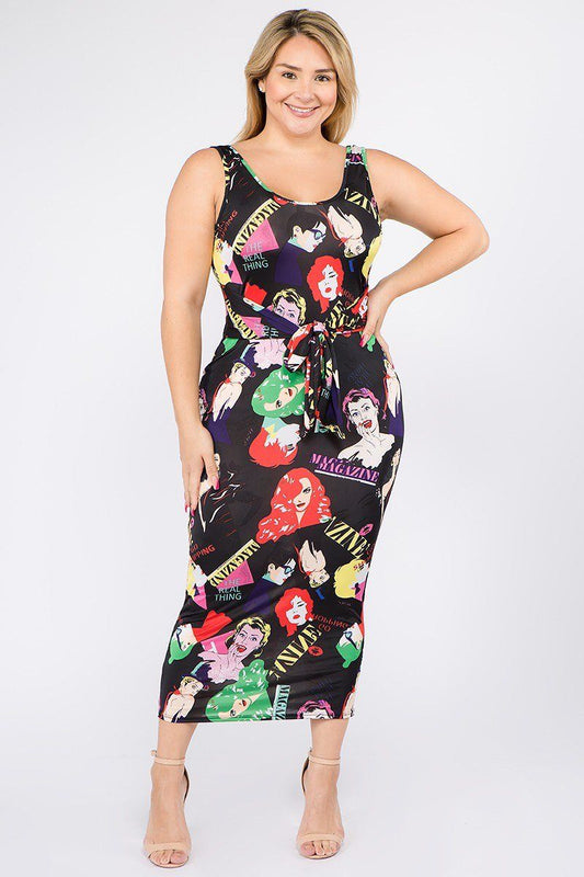 Plus Size Multi Color Sleeveless Midi Dress With Waist Tie