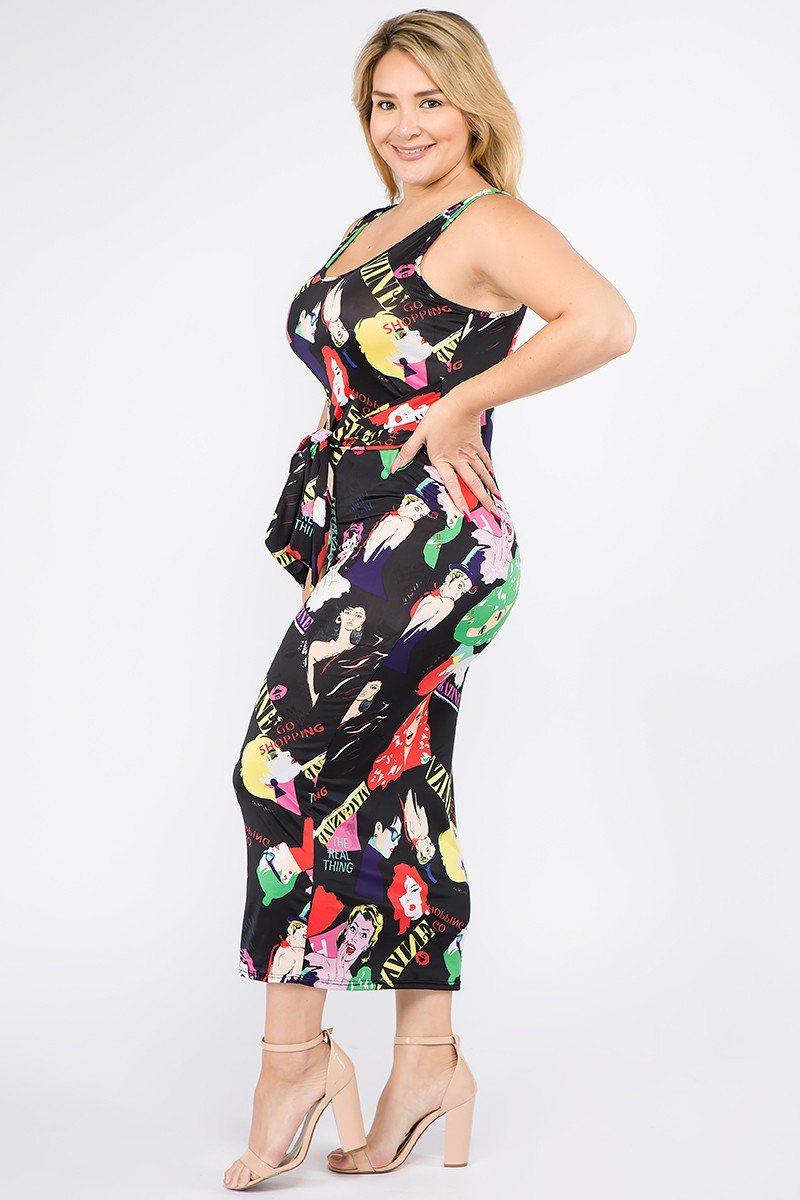 Plus Size Multi Color Sleeveless Midi Dress With Waist Tie