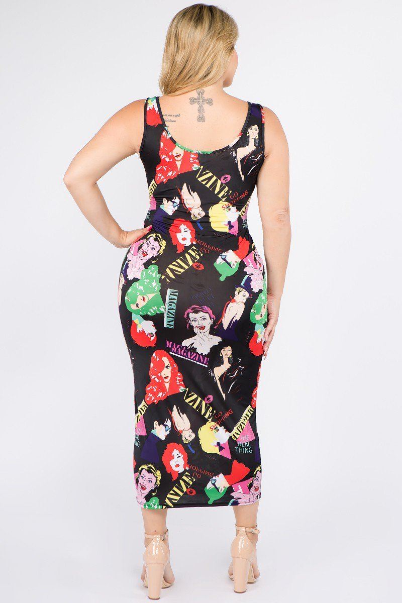 Plus Size Multi Color Sleeveless Midi Dress With Waist Tie