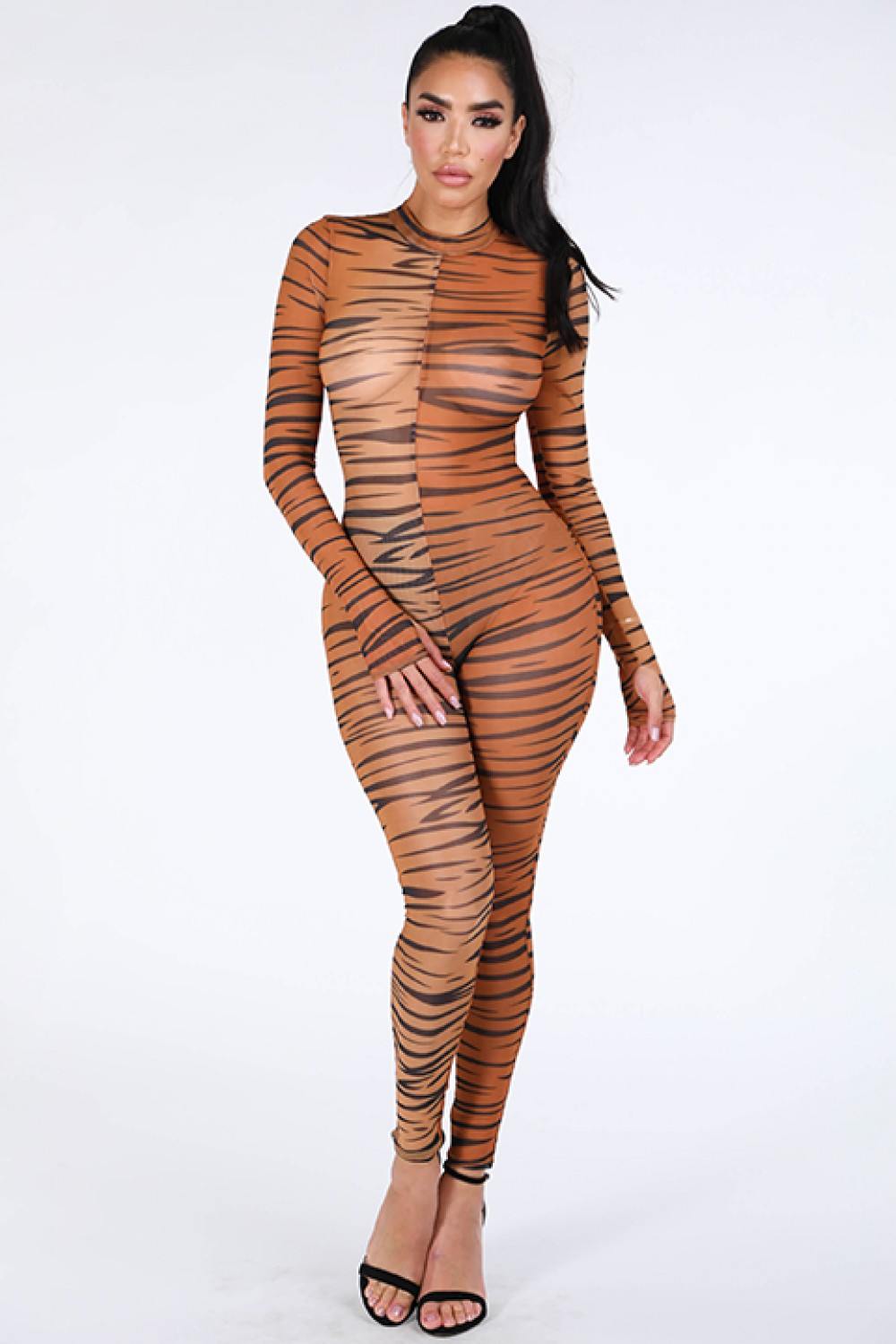 Tiger Printed Mesh Jumpsuit