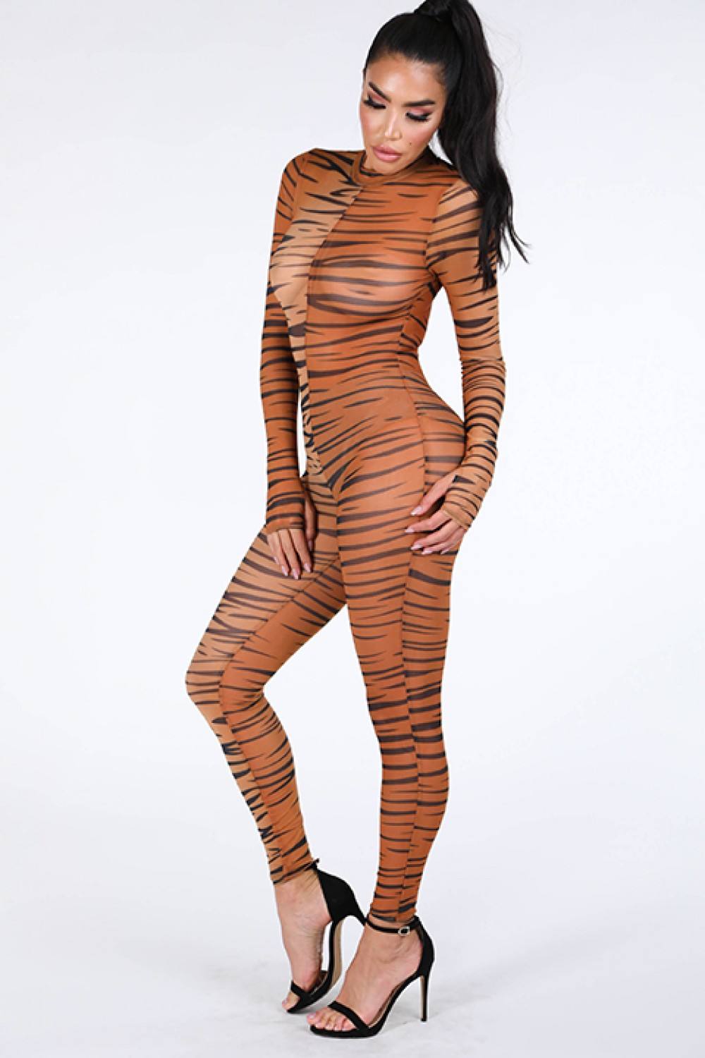 Tiger Printed Mesh Jumpsuit