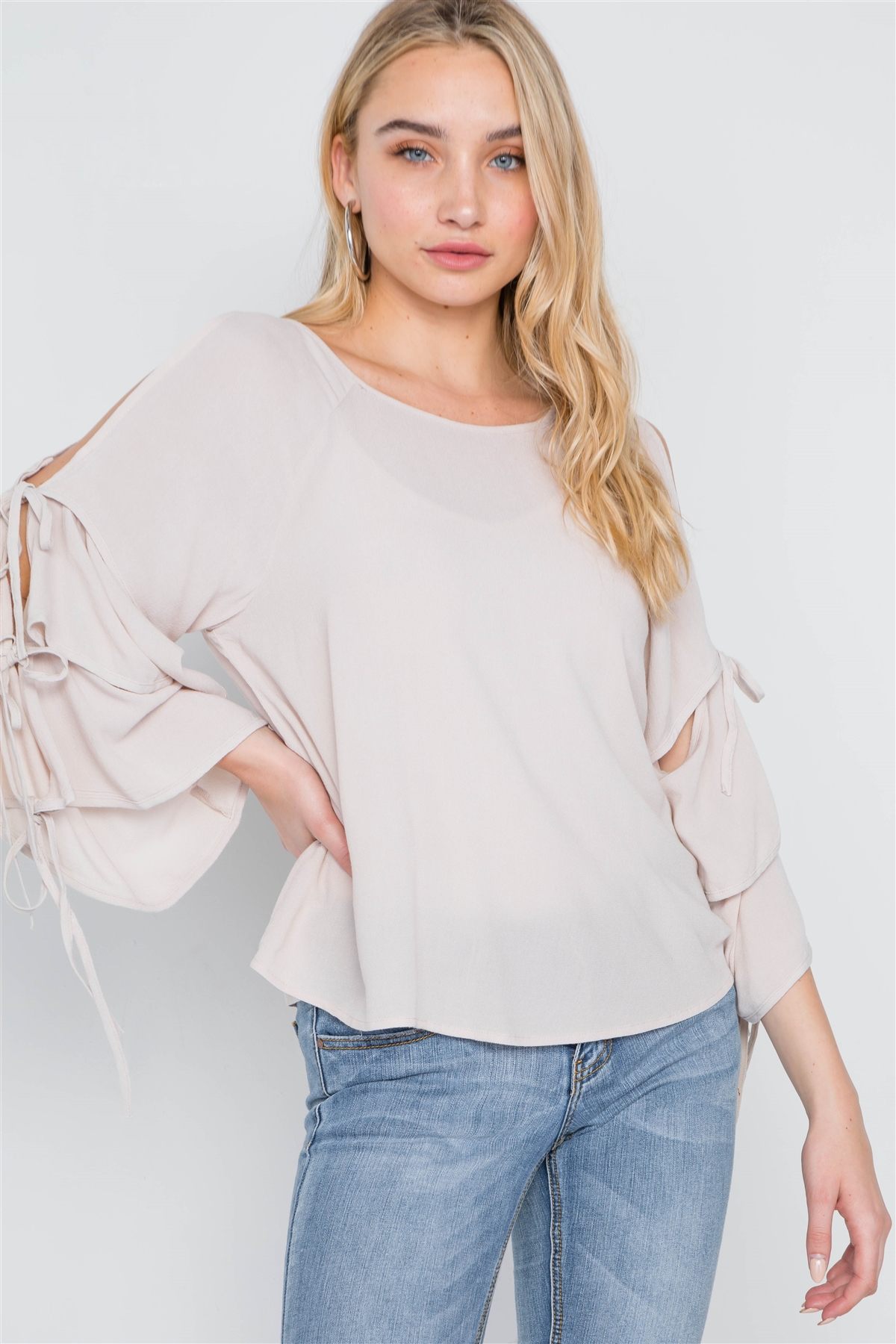 Oatmeal Self-tie Long Bell Sleeves Top