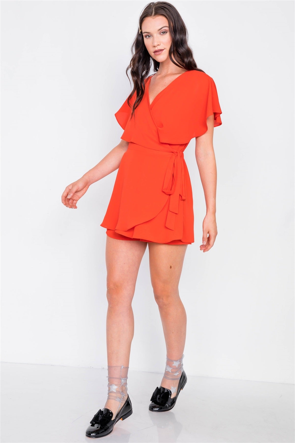 Mock Wrap Butterfly Sleeve Romper