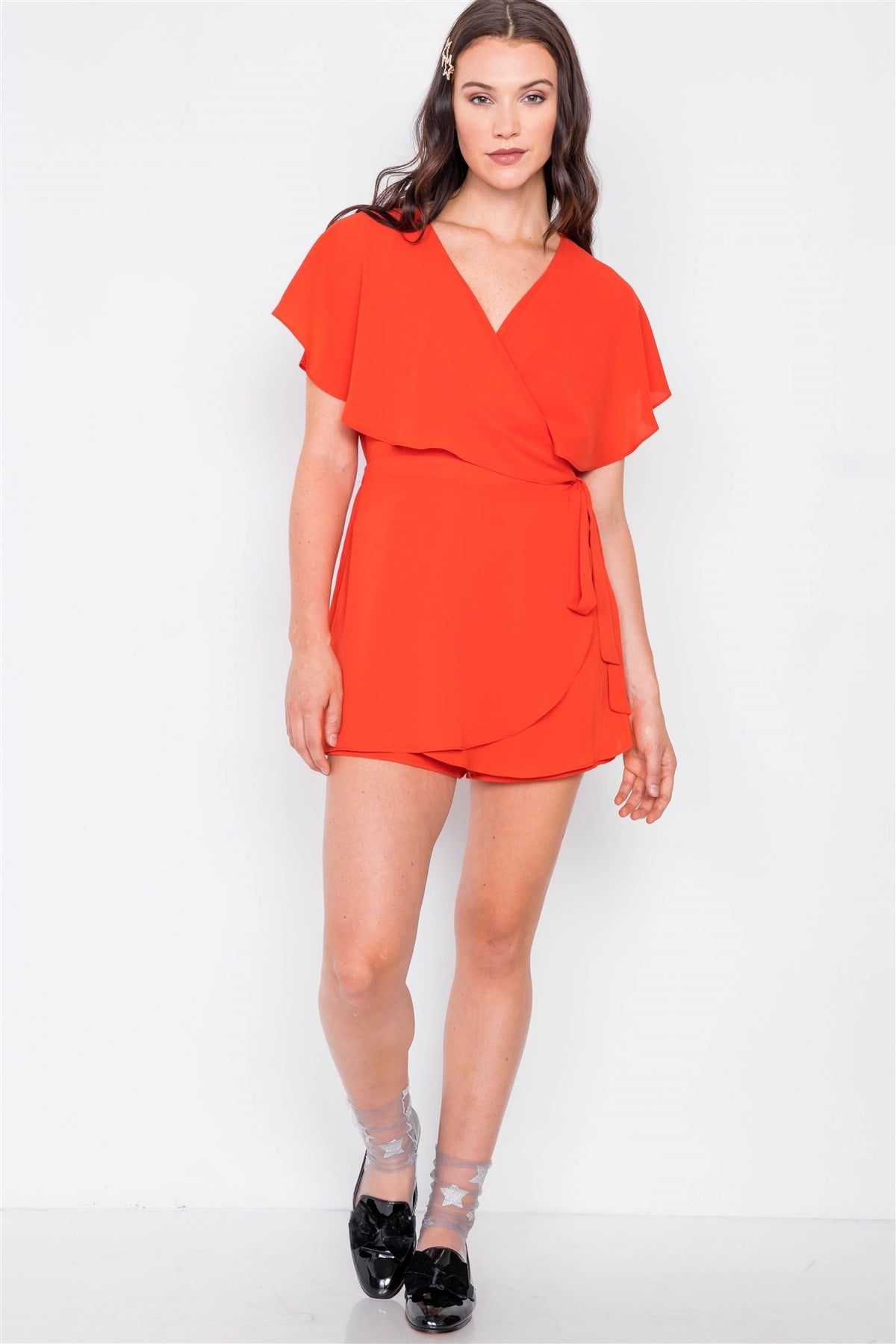 Mock Wrap Butterfly Sleeve Romper