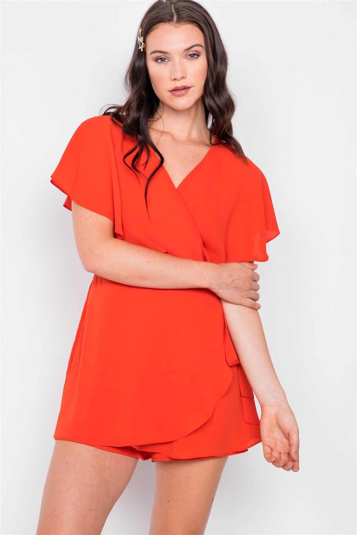 Mock Wrap Butterfly Sleeve Romper