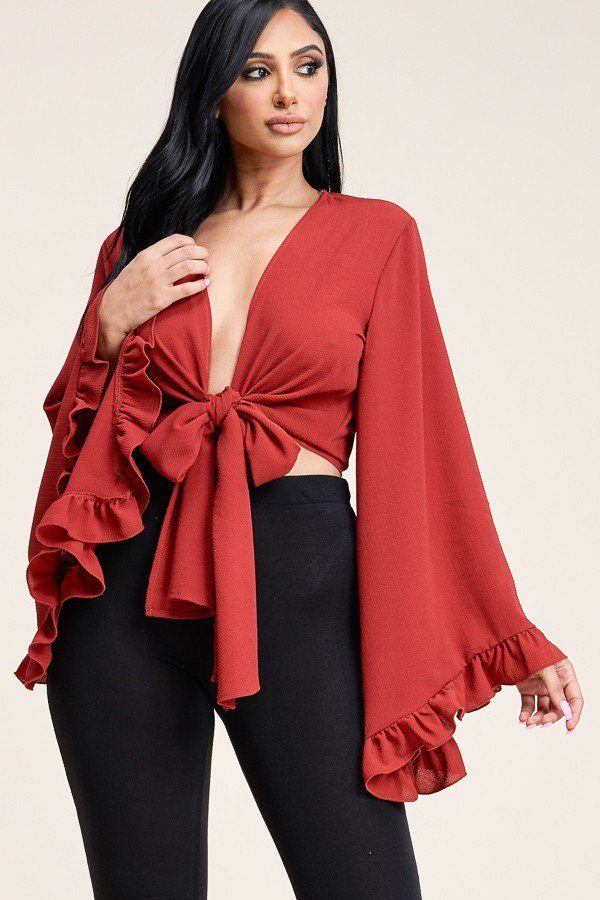 Solid Bubble Crepe Tie Front Ruffled Long Sleeve Top