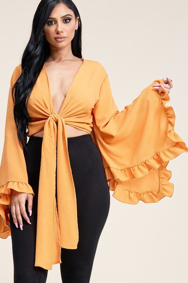 Solid Bubble Crepe Tie Front Ruffled Long Sleeve Top