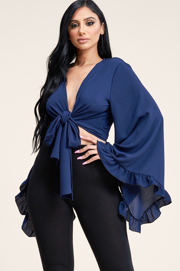 Solid Bubble Crepe Tie Front Ruffled Long Sleeve Top