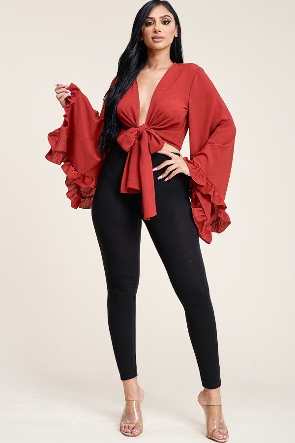 Solid Bubble Crepe Tie Front Ruffled Long Sleeve Top