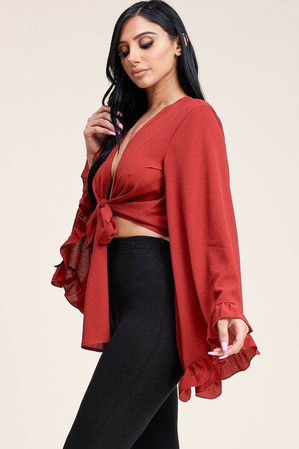 Solid Bubble Crepe Tie Front Ruffled Long Sleeve Top