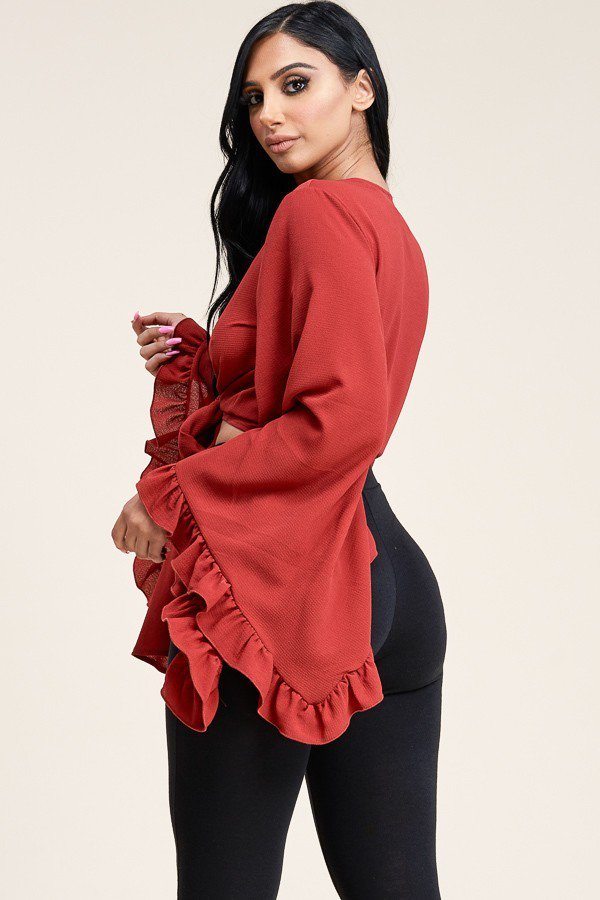 Solid Bubble Crepe Tie Front Ruffled Long Sleeve Top