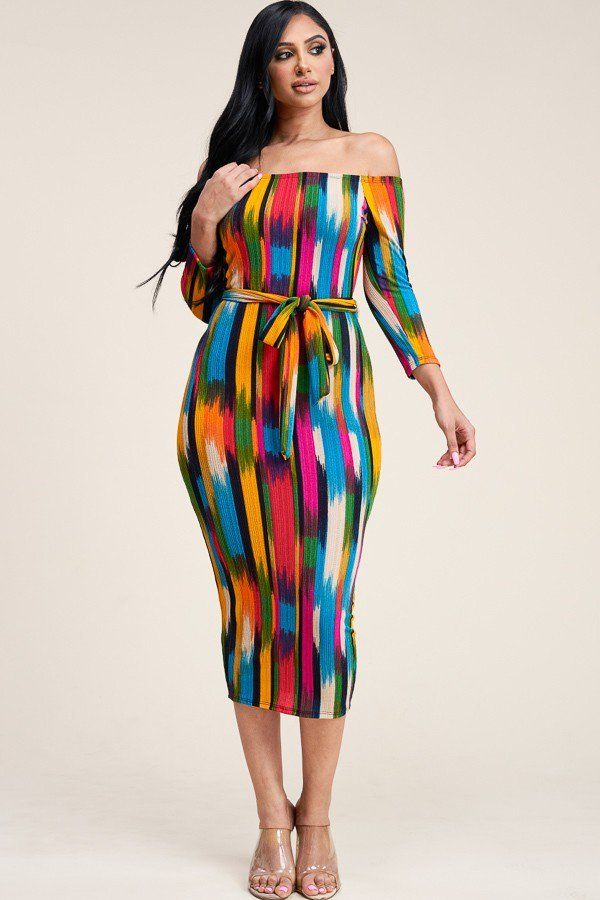 Multi Color Antenna Print 3/4 Sleeve Off The Shoulder Midi Dress