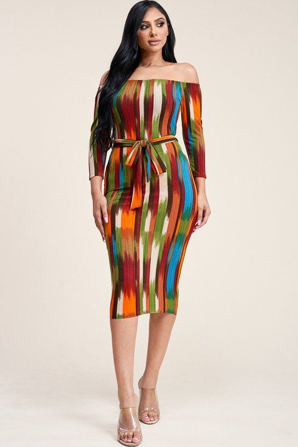 Multi Color Antenna Print 3/4 Sleeve Off The Shoulder Midi Dress