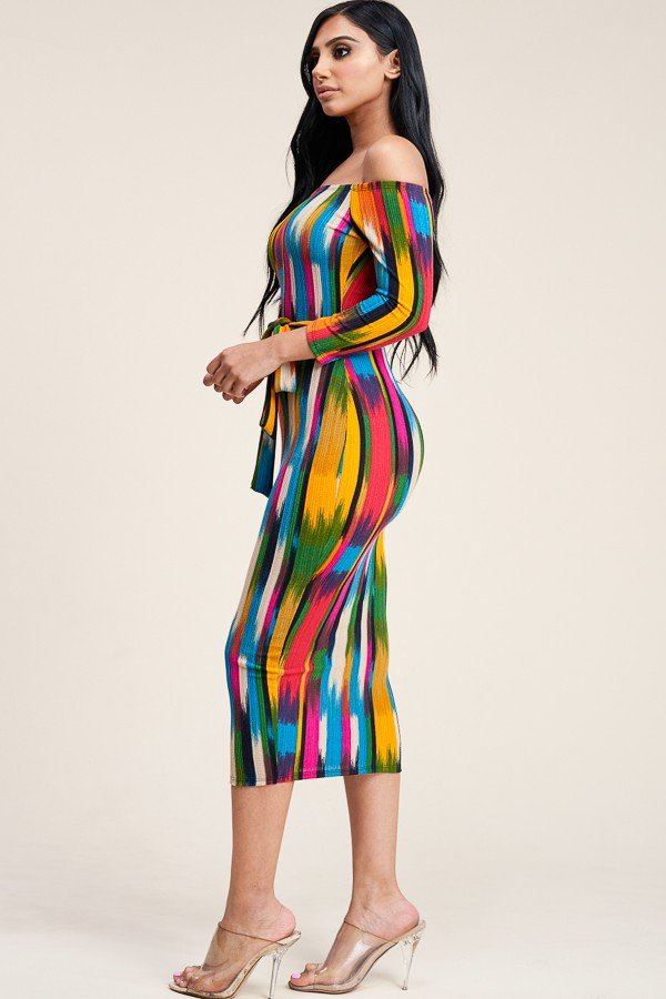Multi Color Antenna Print 3/4 Sleeve Off The Shoulder Midi Dress