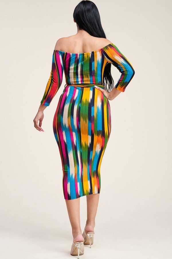 Multi Color Antenna Print 3/4 Sleeve Off The Shoulder Midi Dress