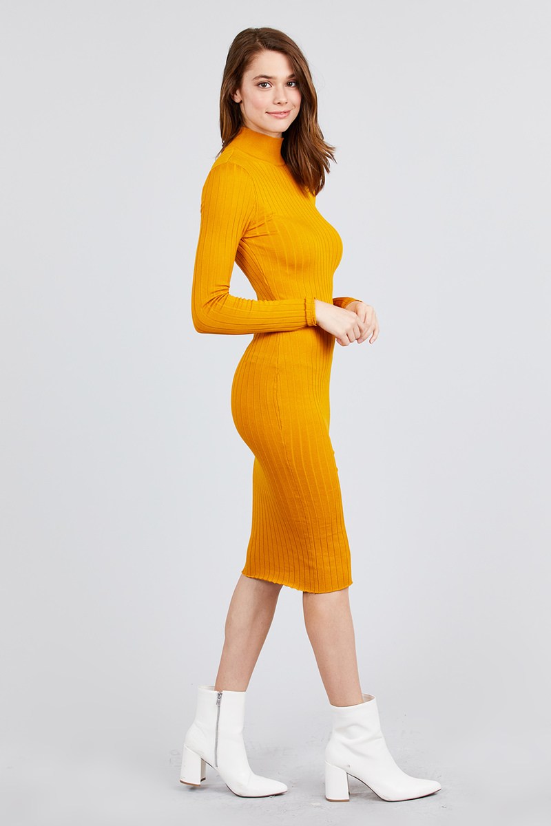 Long Sleeve Mock Neck Rib Sweater Midi Dress