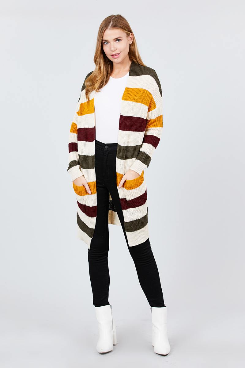 Long Sleeve W/two Pocket Color Block Sweater Cardigan