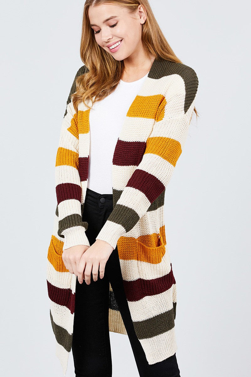 Long Sleeve W/two Pocket Color Block Sweater Cardigan