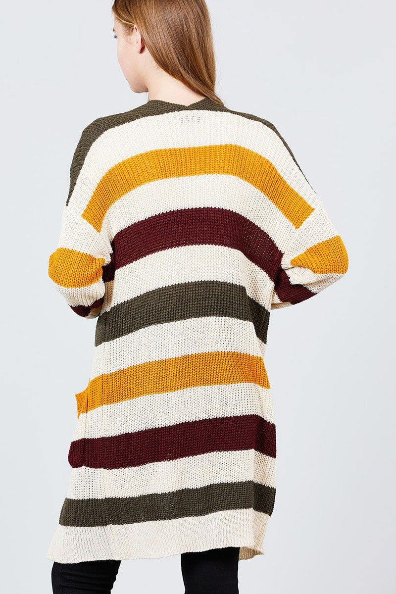 Long Sleeve W/two Pocket Color Block Sweater Cardigan