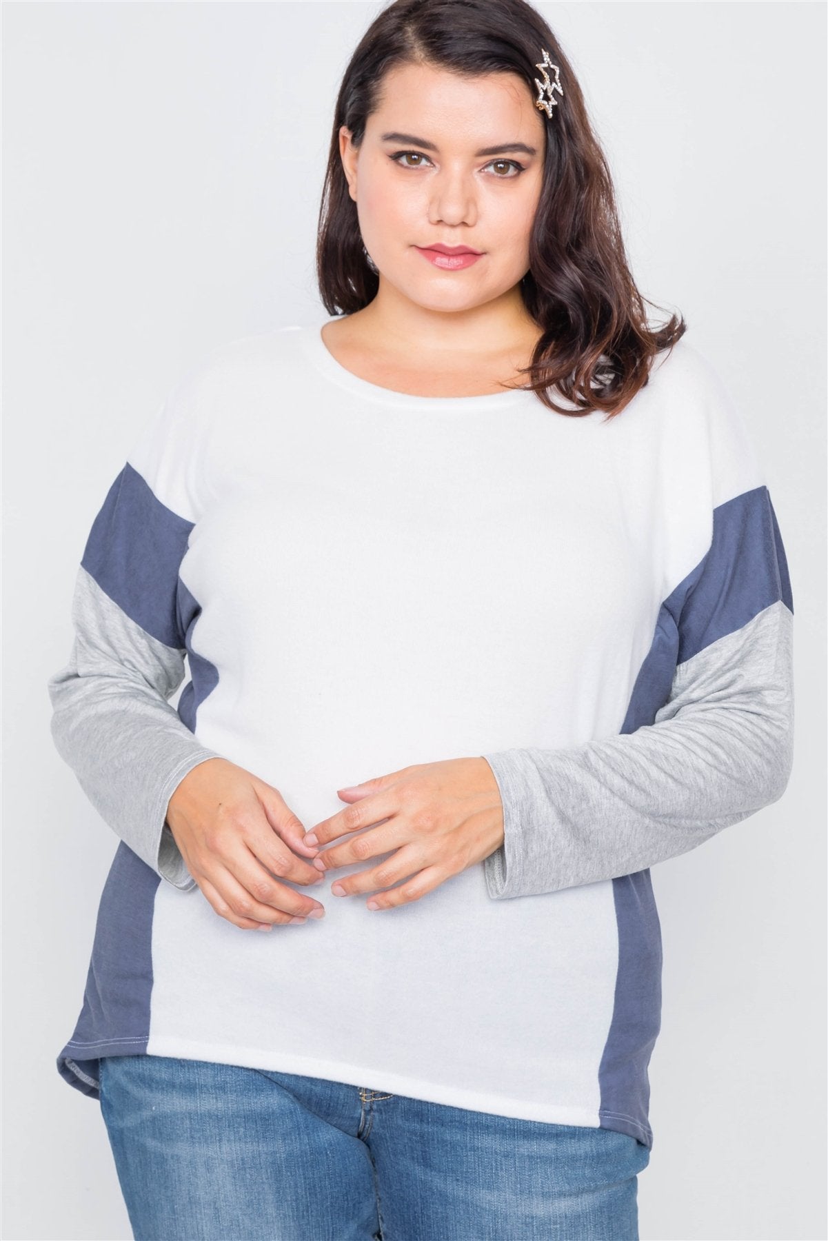 Plus Size Ivory Navy & Grey Colorblock Soft Knit Top