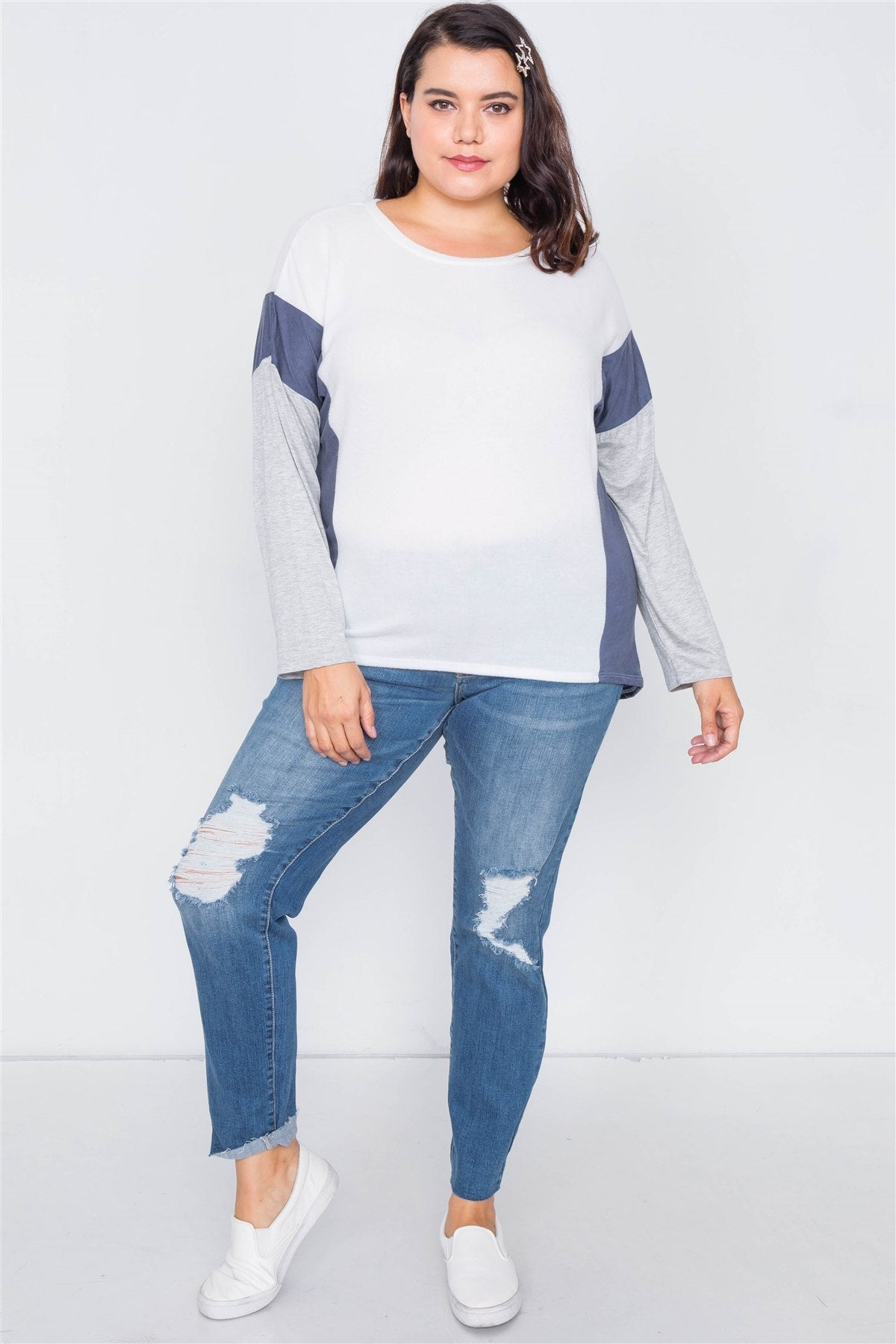 Plus Size Ivory Navy & Grey Colorblock Soft Knit Top