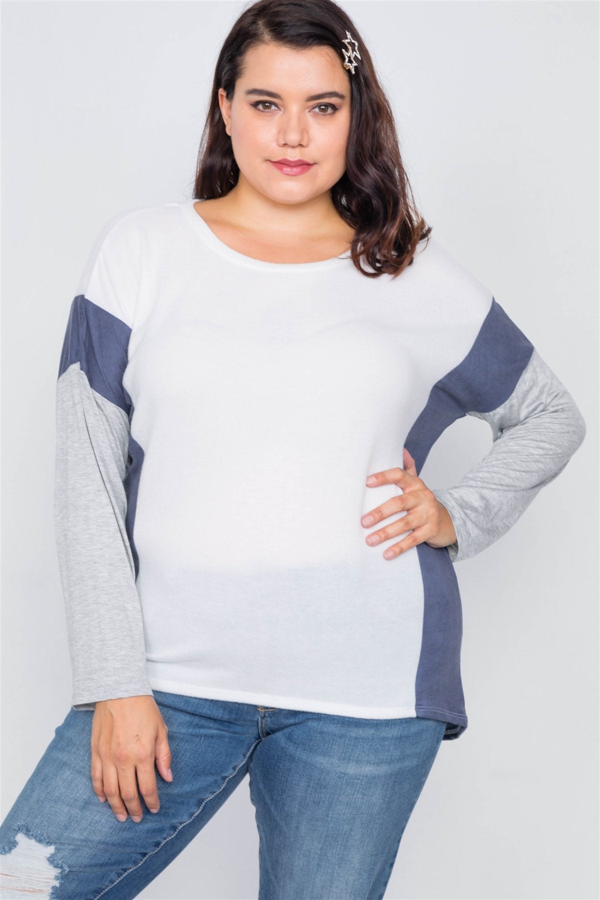 Plus Size Ivory Navy & Grey Colorblock Soft Knit Top