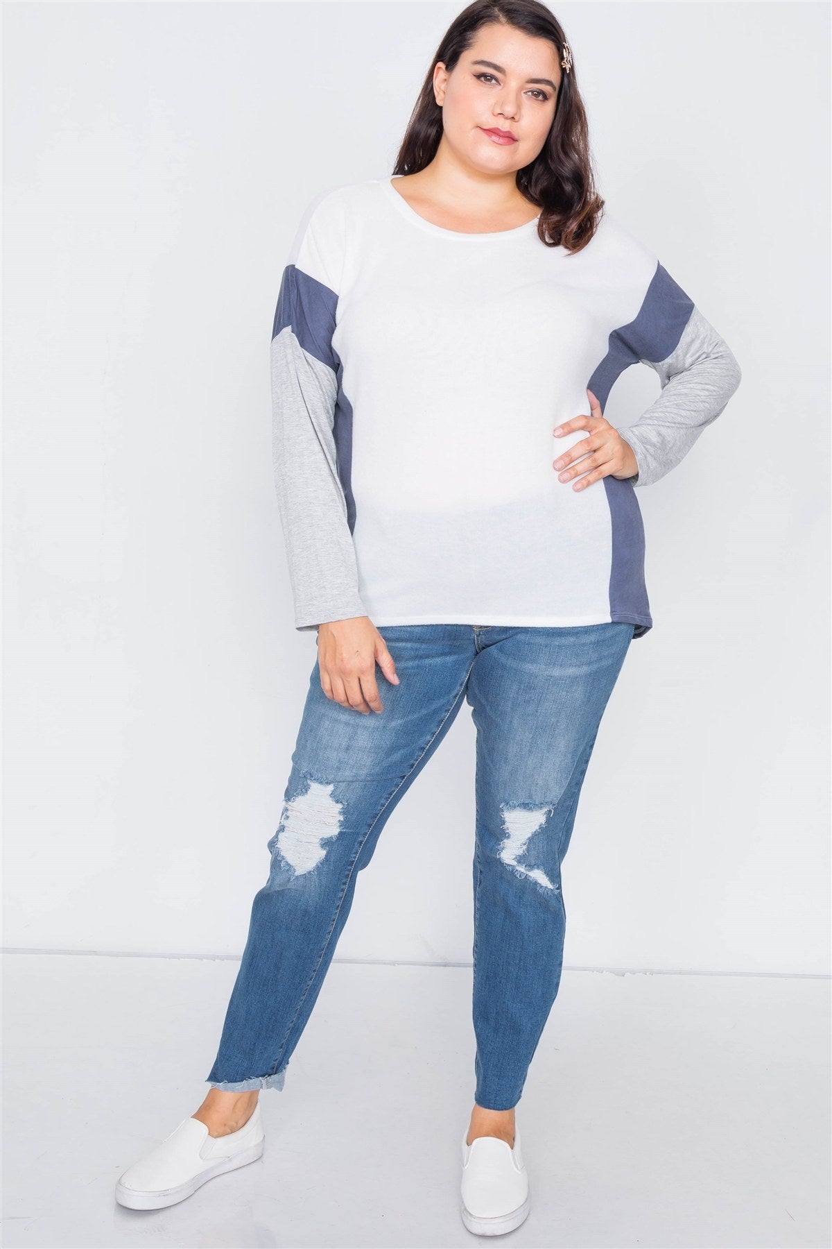 Plus Size Ivory Navy & Grey Colorblock Soft Knit Top