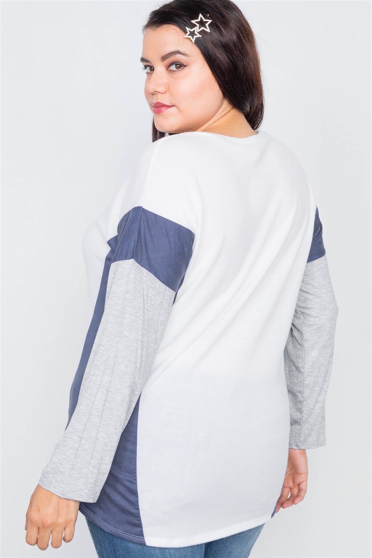 Plus Size Ivory Navy & Grey Colorblock Soft Knit Top