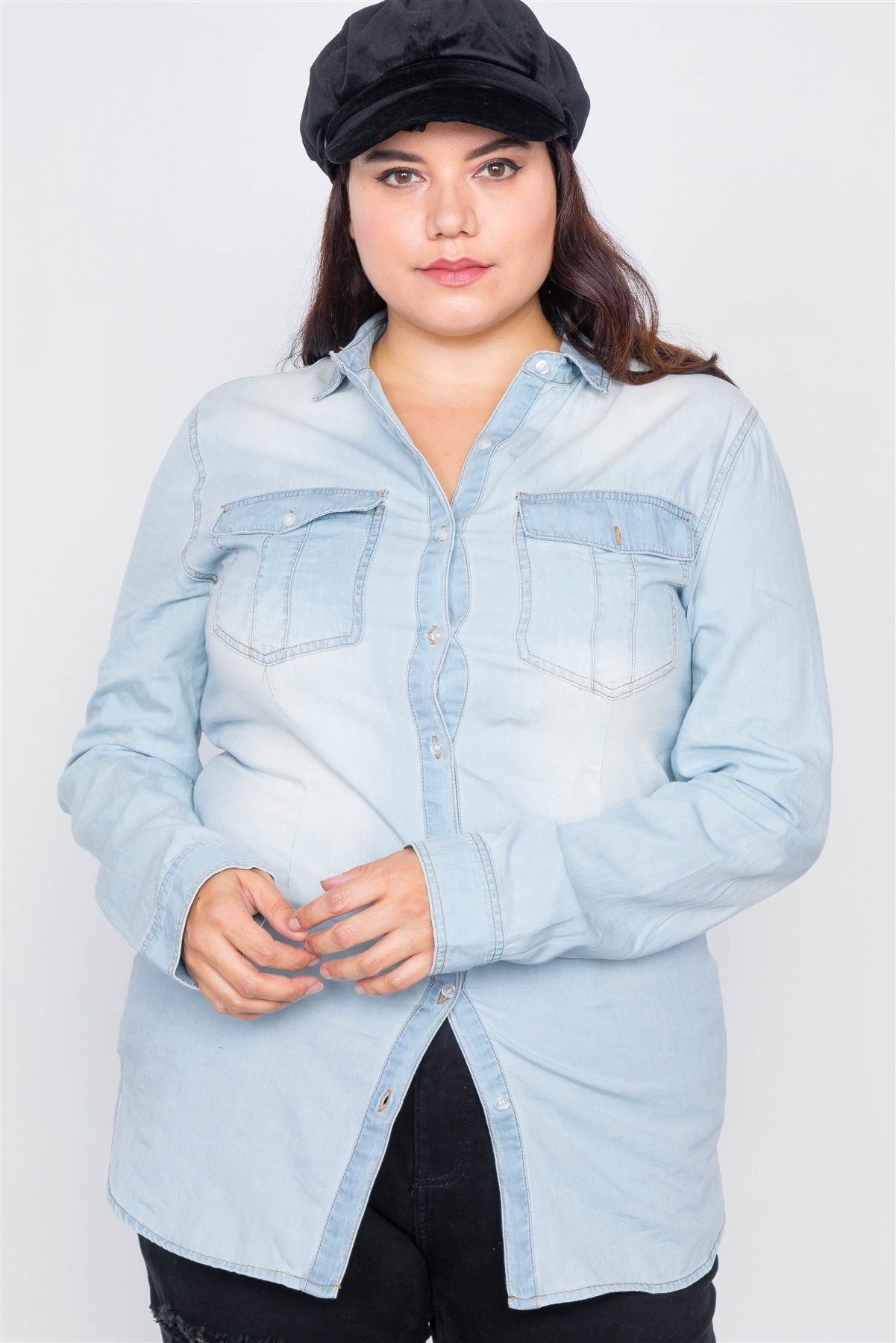 Plus Size Light Wash Denim Button Down Long Sleeve Top