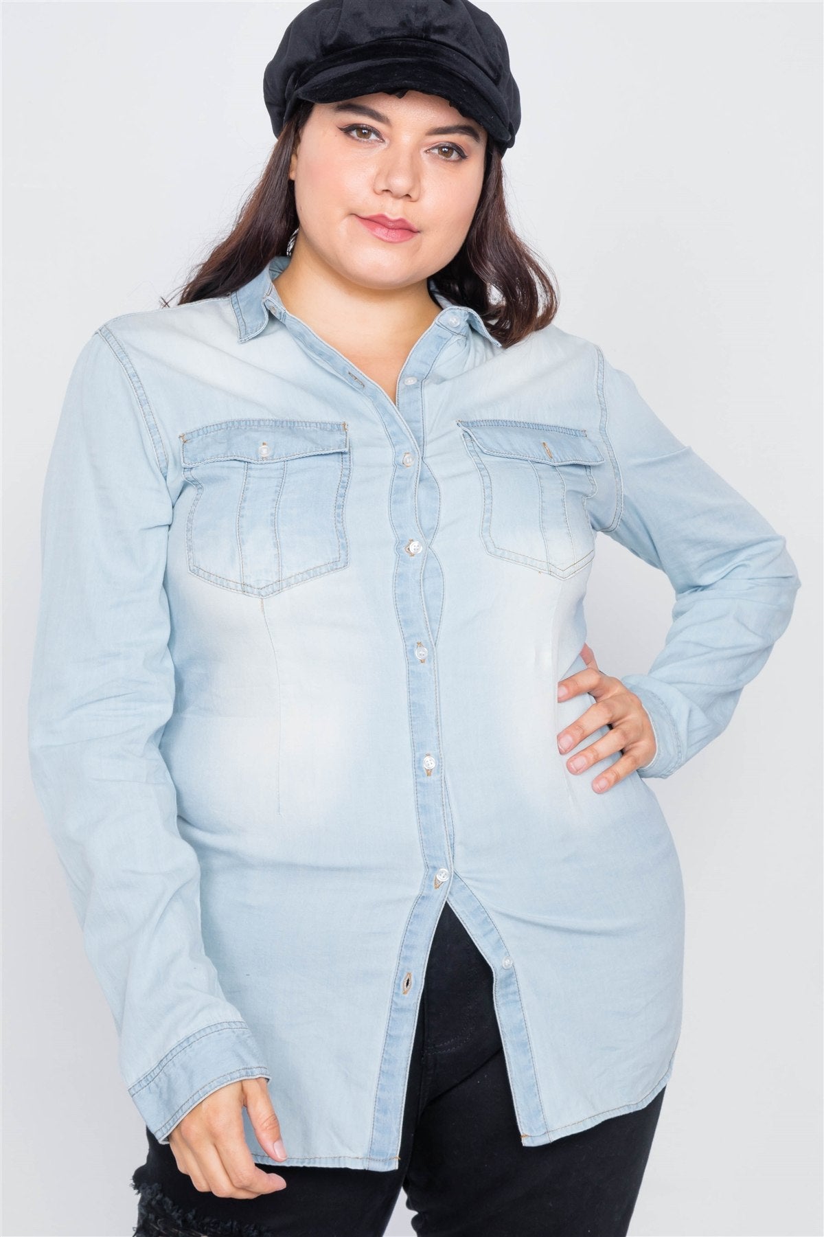 Plus Size Light Wash Denim Button Down Long Sleeve Top