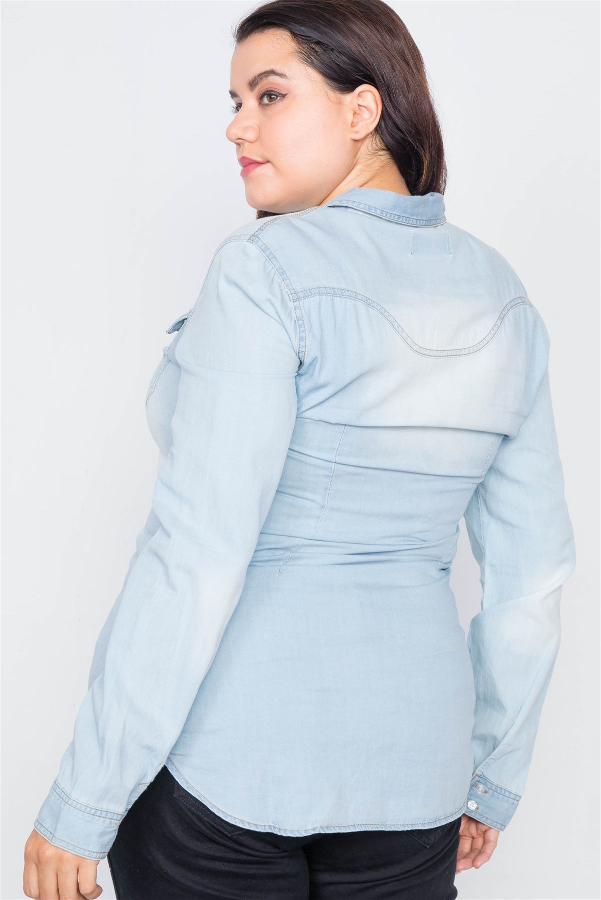 Plus Size Light Wash Denim Button Down Long Sleeve Top