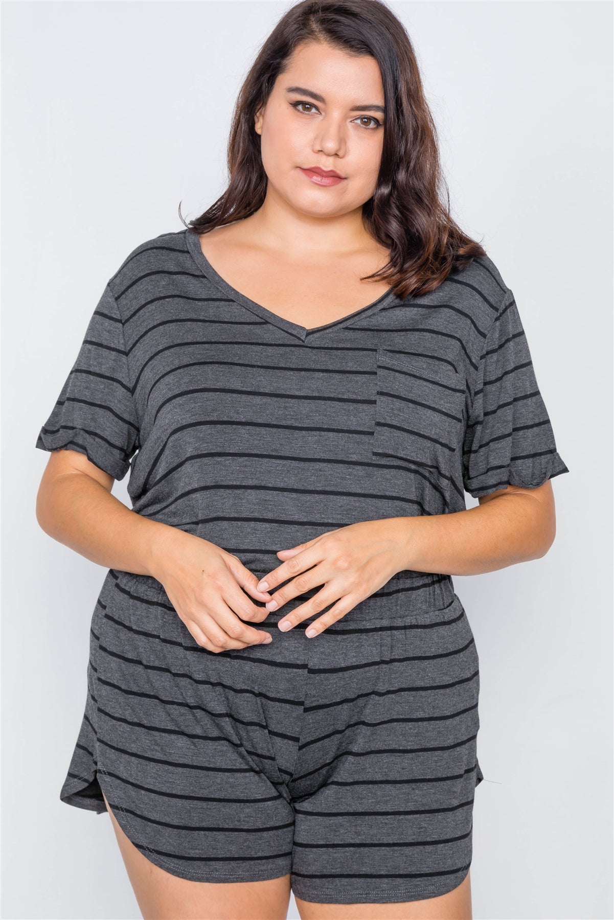 Plus Size Rolled Short Sleeve Stripe Comfy Short Set