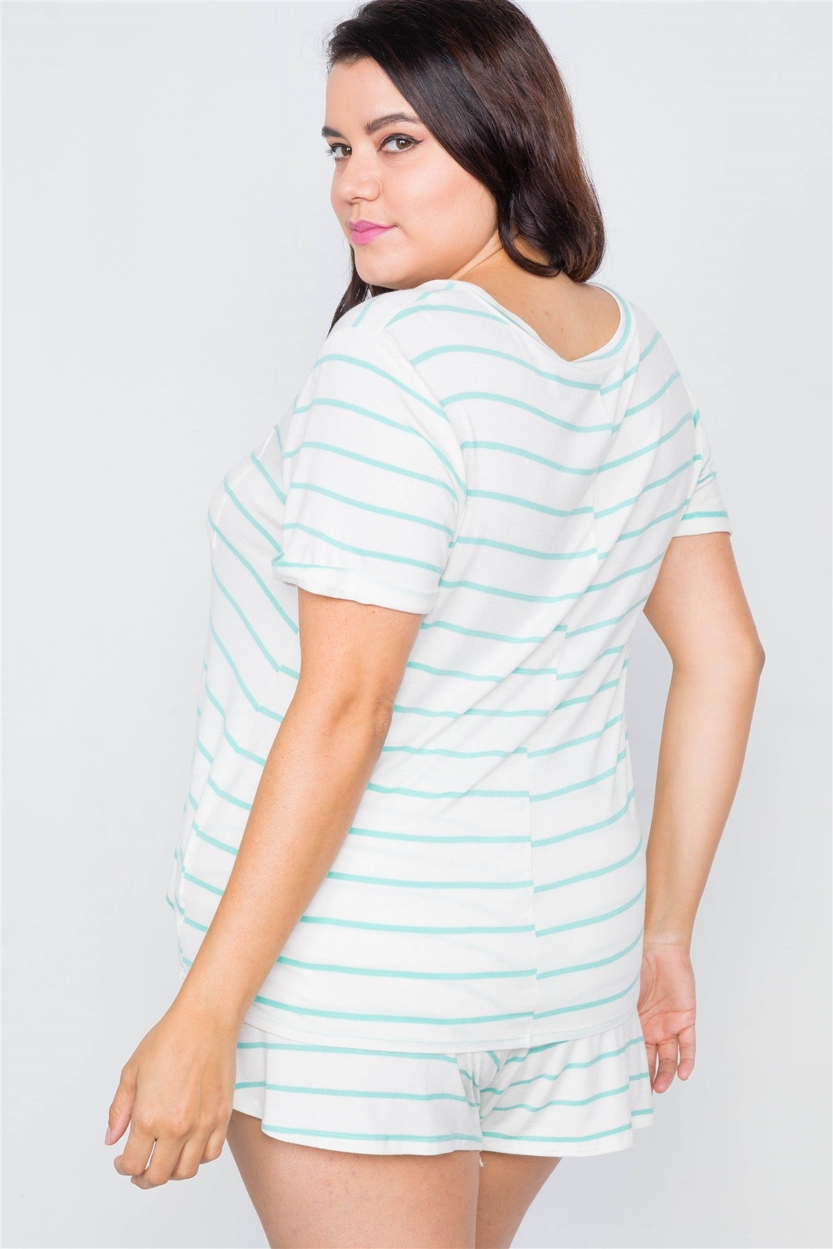 Plus Size Rolled Short Sleeve Stripe Comfy Short Set