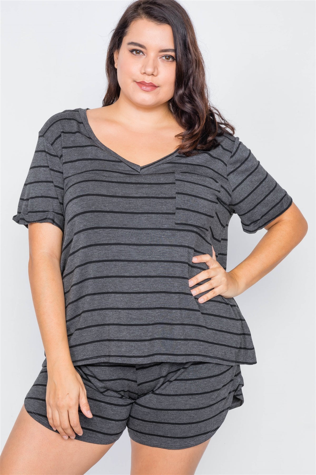 Plus Size Rolled Short Sleeve Stripe Comfy Short Set