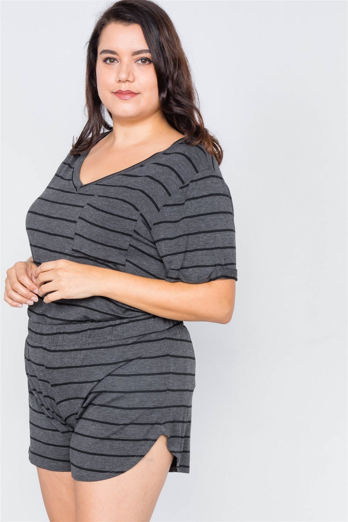 Plus Size Rolled Short Sleeve Stripe Comfy Short Set