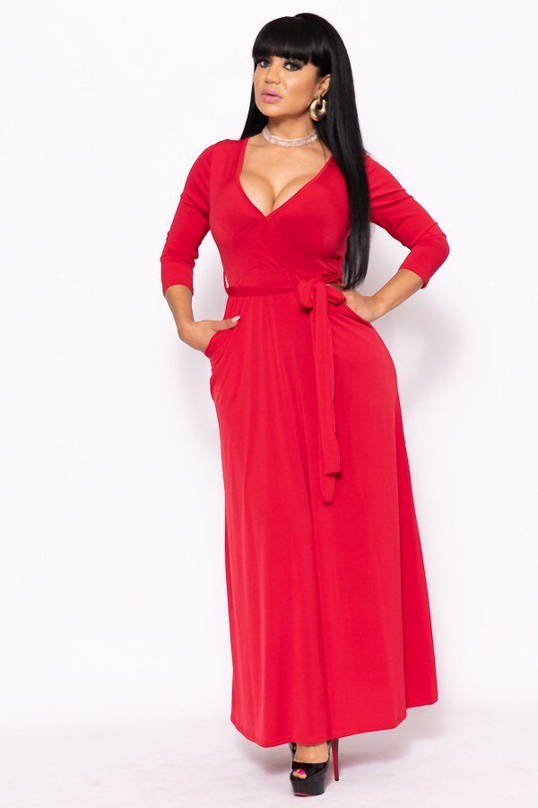 Solid, V-neck Maxi Dress