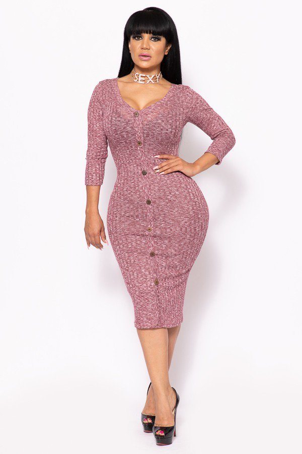 Ribbed, Long Sleeve Solid Midi Dress