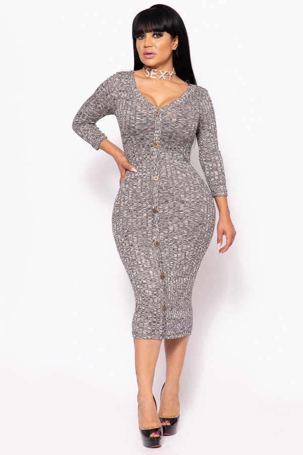 Ribbed, Long Sleeve Solid Midi Dress