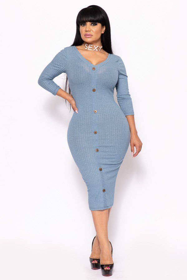 Ribbed, Long Sleeve Solid Midi Dress